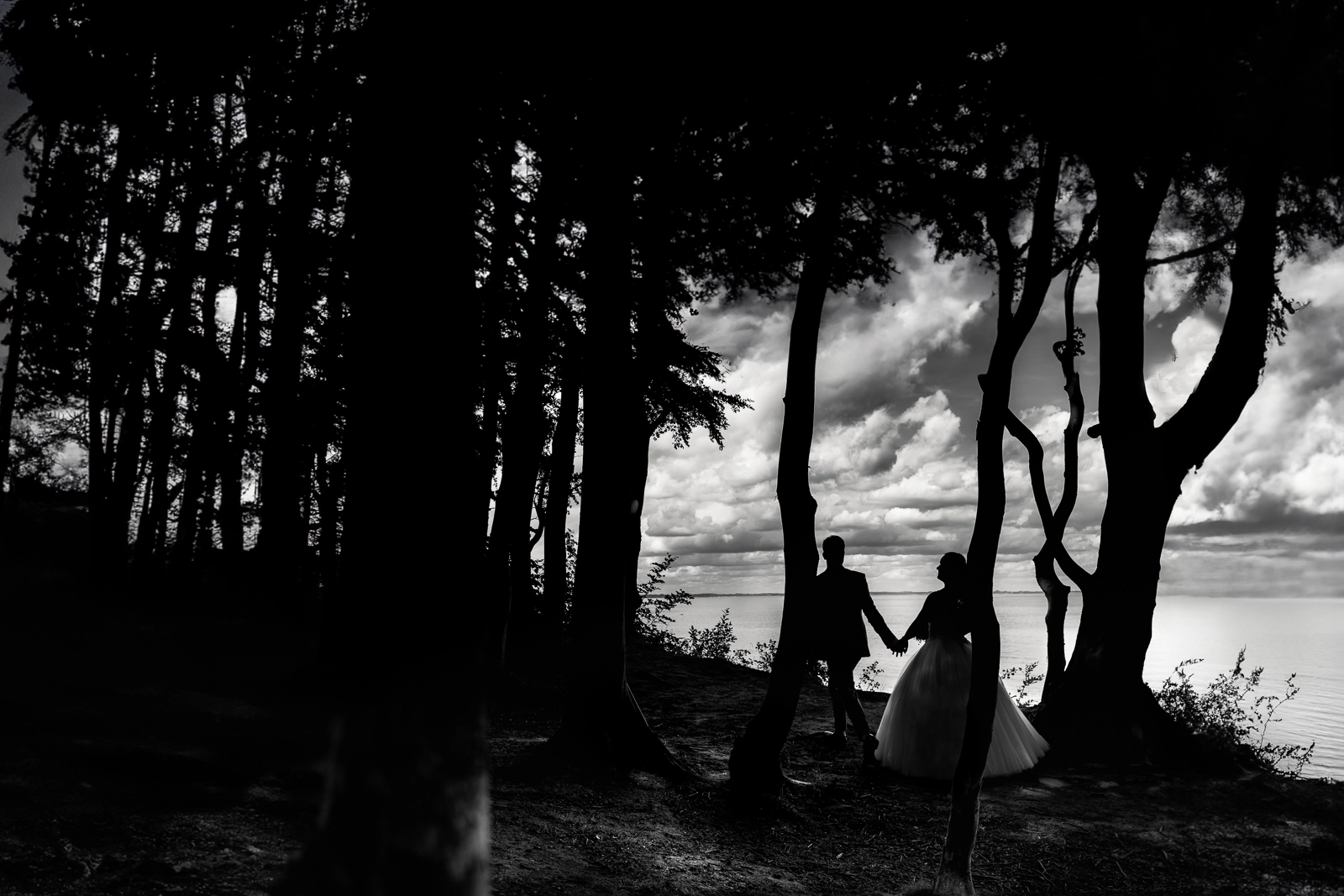 Brautpaar im Wald im Gegenlicht Wolkenhimmel